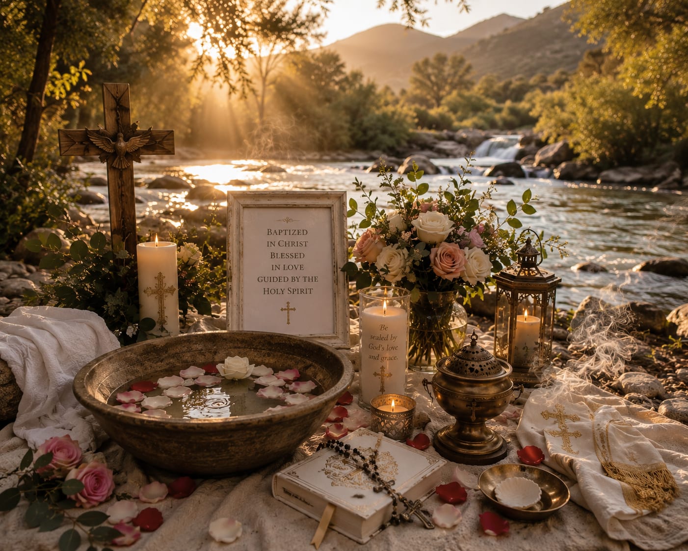 A riverside baptism altar at golden hour with a dove cross, baptismal bowl with floating rose petals, candles, roses, and a scripture reading — Baptized in Christ, Blessed in Love, Guided by the Holy Spirit