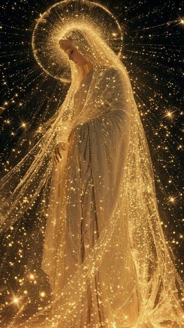 Radiant depiction of the Blessed Virgin Mary, the Mystical Rose, veiled in golden light against a starlit sky