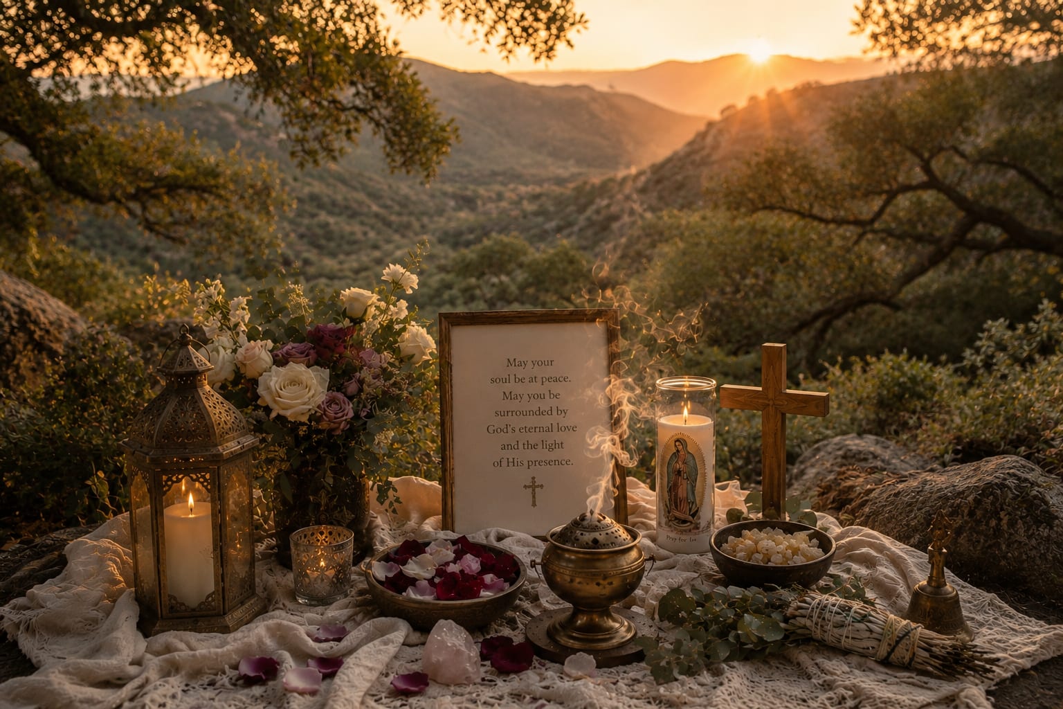 A mountain sunset end-of-life altar with a framed scripture — May your soul be at peace — wooden cross, Our Lady of Guadalupe candle, roses, sage, and brass incense burner