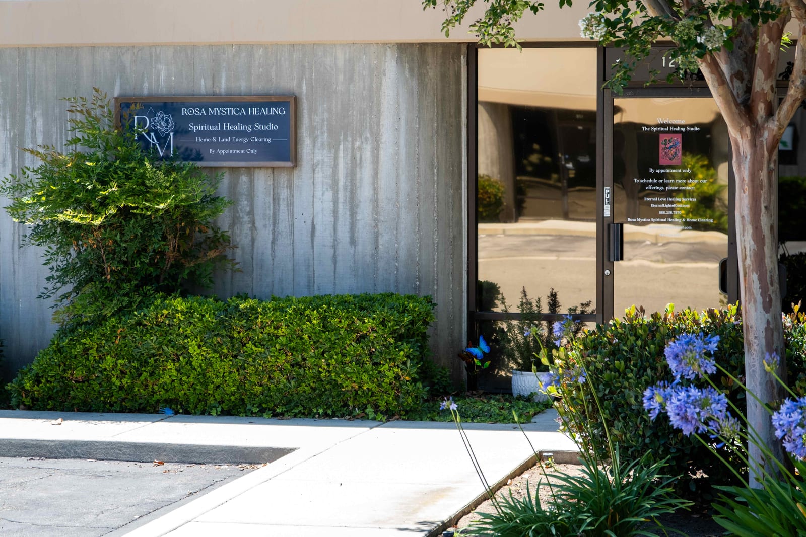 The exterior entrance of Rosa Mystica Healing studio in Brea, California