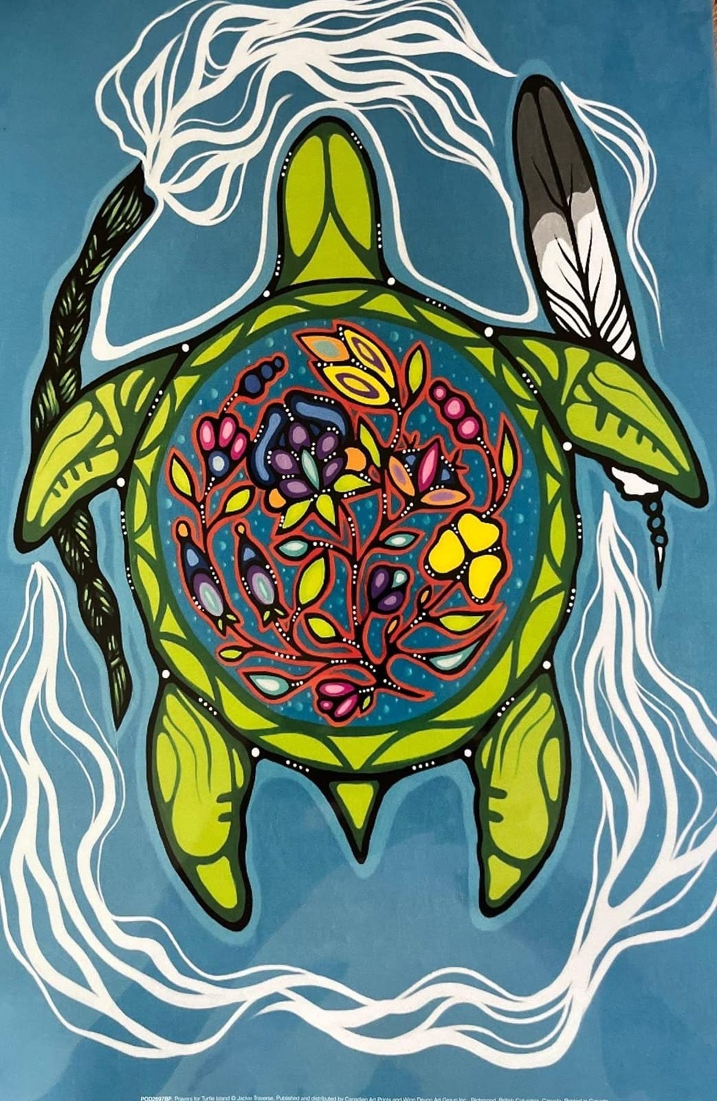 Prayers for Turtle Island — Indigenous art of a sea turtle with a floral mandala shell, sacred feathers and smoke, representing land and earth healing