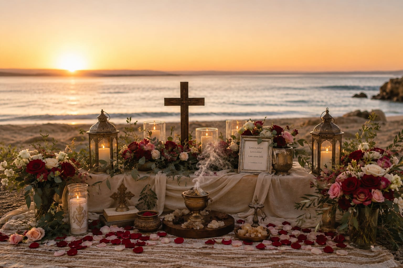 A sacred beach sunset wedding altar with a wooden cross, roses, candles, lanterns, and incense